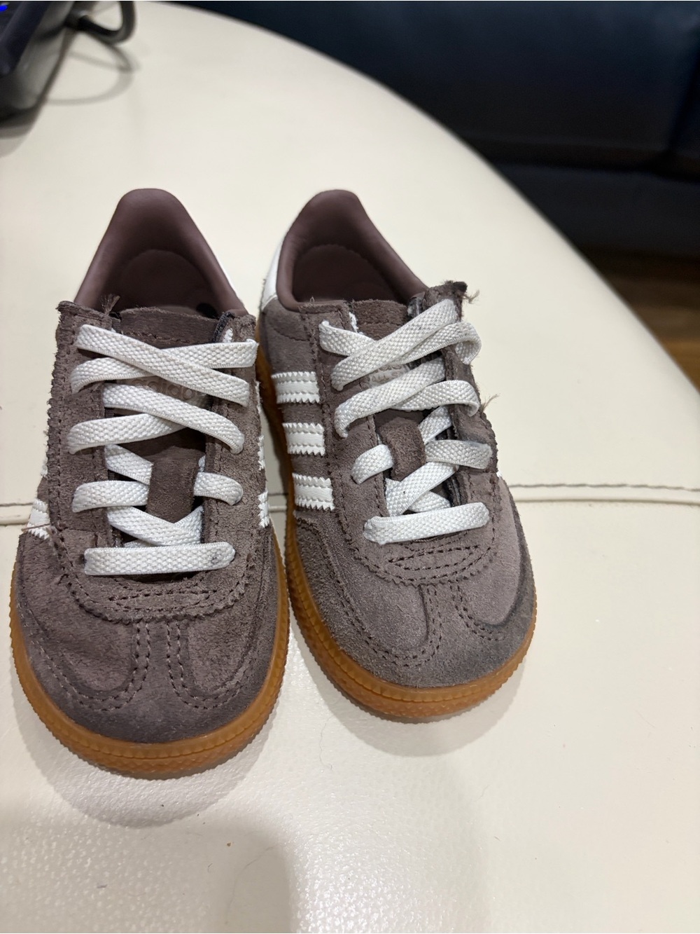adidas Kids Suede Sneakers in Taupe with White Stripes